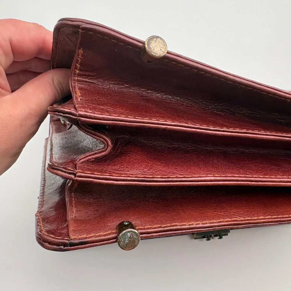 Passage2 brown Leather Briefcase Accordion Messenger bag Combination Lock Brass